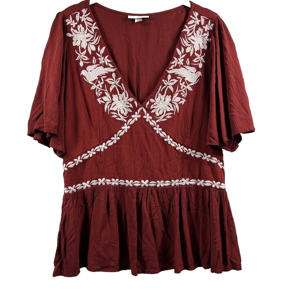 Knox Rose‎ Women's Top XL Babydoll Embroidered Bohemian Flutter Sleeves Ruffle